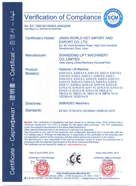 China Shandong Lift Machinery Co.,Ltd Zertifizierungen